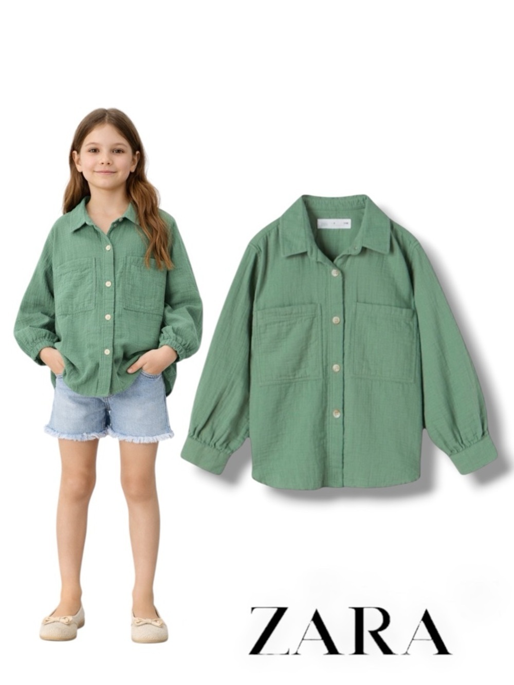 ZARA Kids Mid-Green Frayed Textured Shirt NWT Size 6 or 7